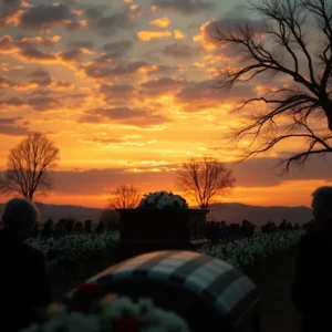 Procession funèbre et cercueil exposé au coucher du soleil lors d'obsèques.