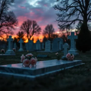 Tombes et stèles ornées de roses au coucher du soleil dans un cimetière.